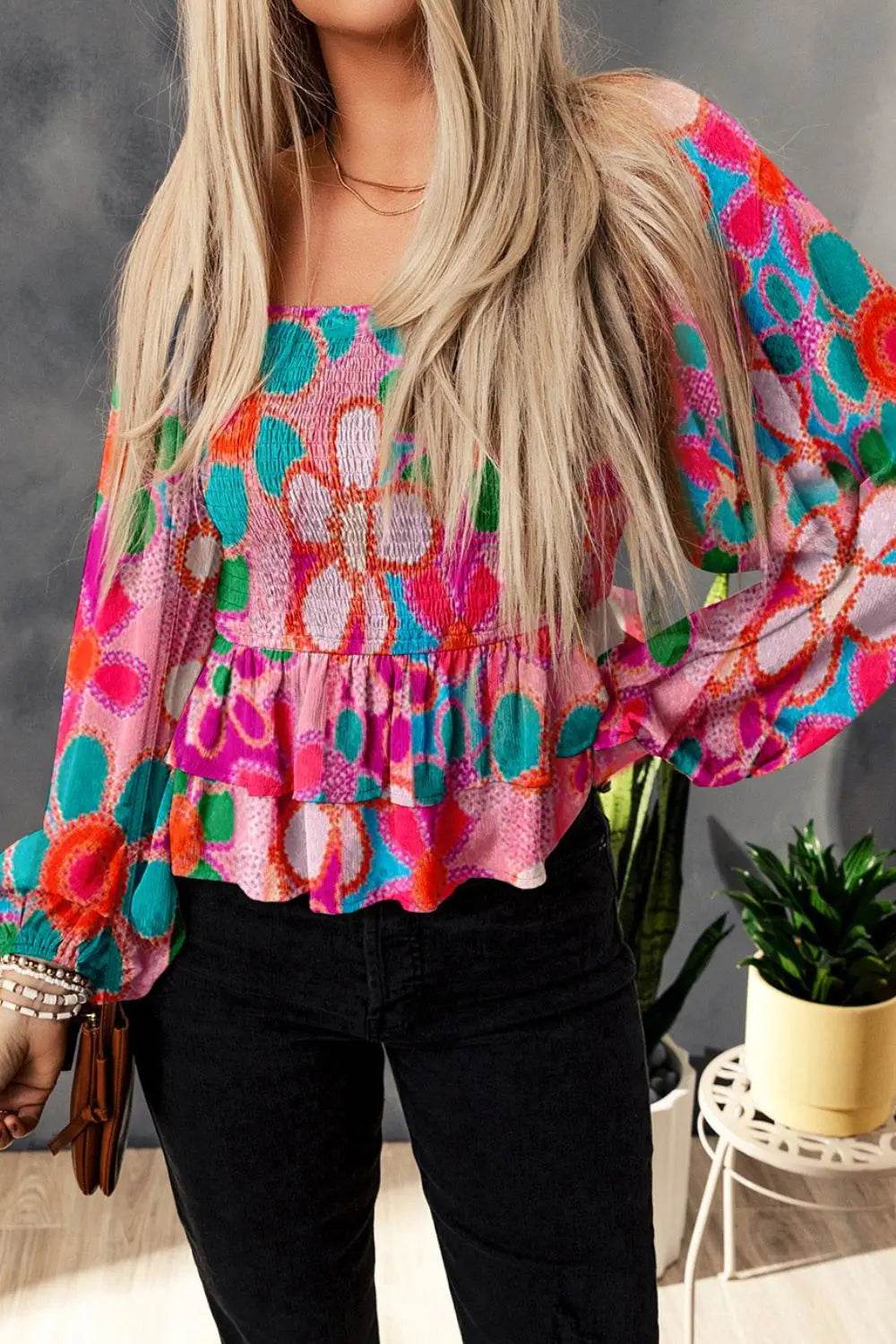 Floral Smocked Ruffled Balloon Sleeve Blouse Trendsi bdde9de015a84c68aac25ed5873bbd73-Max