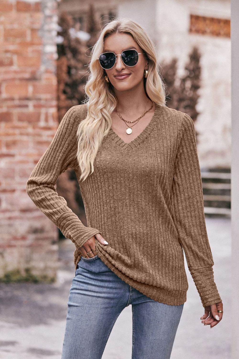 Mandy V-Neck Long Sleeve Ribbed Top Trendsi bde720ca6ed44a5a99da7f541f4377be-Max