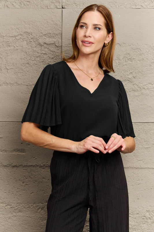 Perfee V-Neck Flutter Sleeve Blouse Black Trendsi bdfb9a4542d04910b468daa3bfcc3a4b-Max