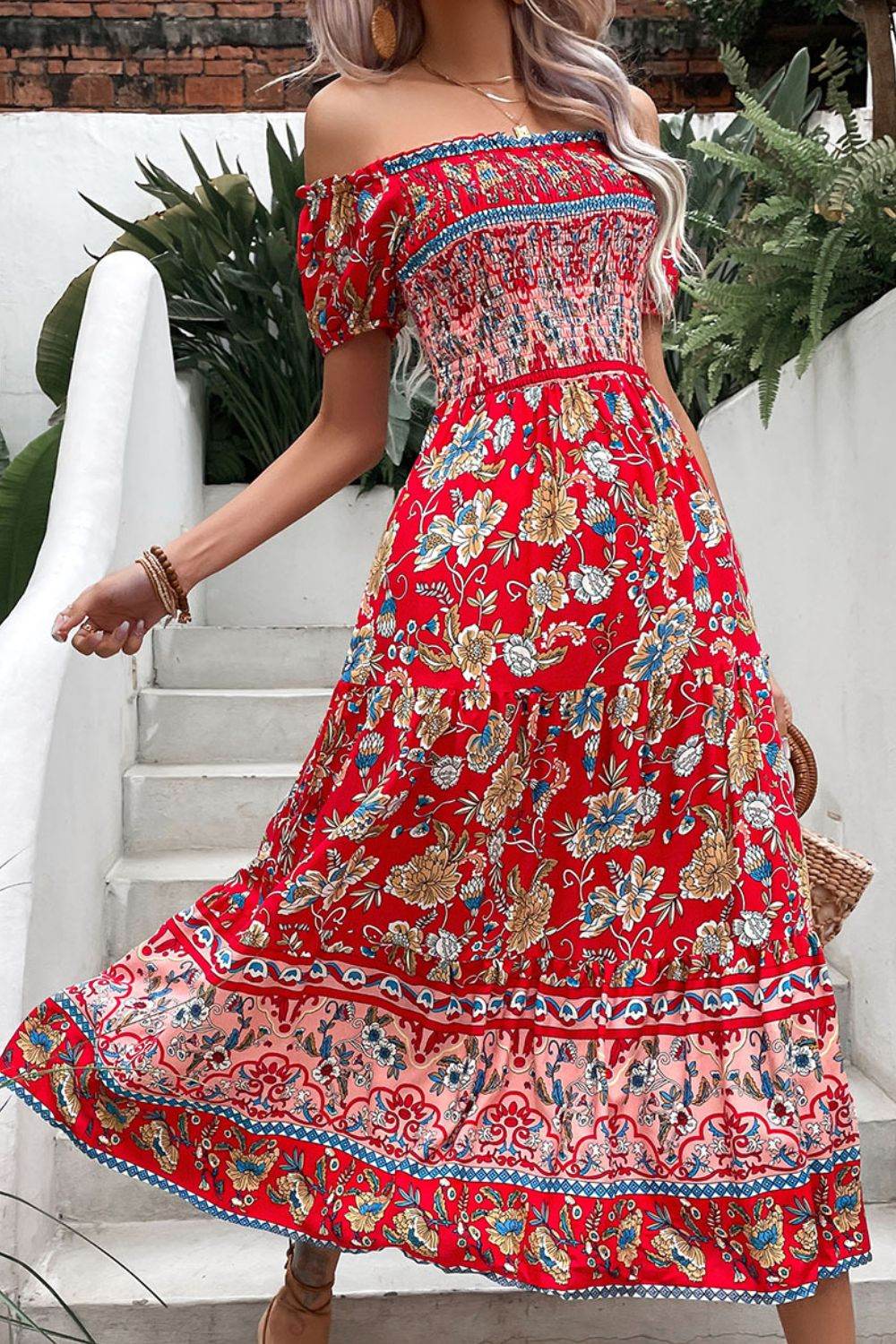 Perfee Floral Off-Shoulder Smocked Midi Dress Trendsi bdfddc4d2038415eaf540811518bd556-Max