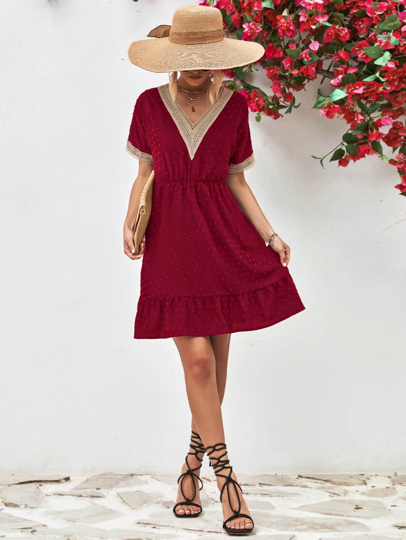 Contrast V-Neck Short Sleeve Mini Dress Trendsi be221604297b487c9209b44022f5066b-Max