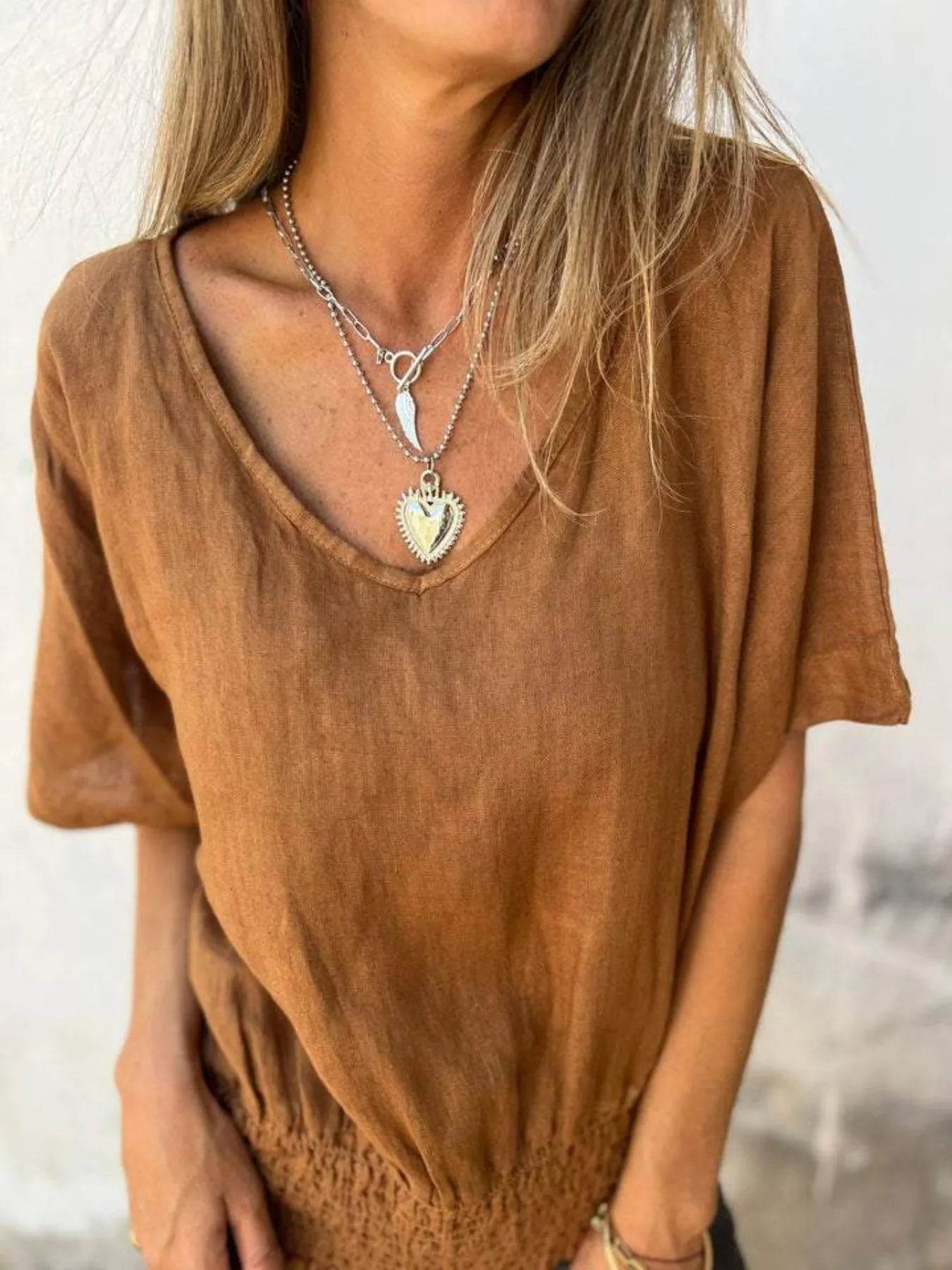 Full Size Smocked Hem V-Neck Relaxed Fit T-Shirt Plus Size Trendsi be82e0c0-441c-494d-b1ae-cc644b5d3ff6-Max-Origin