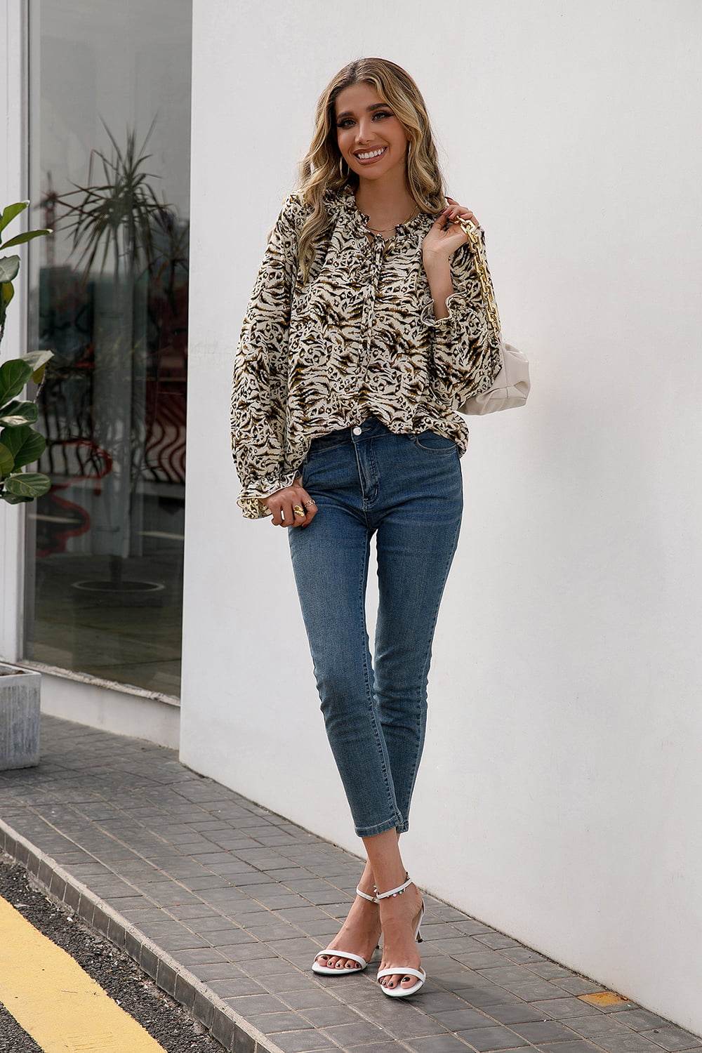 Ivy Lane Printed Tie Neck Frill Trim Flounce Sleeve Blouse Trendsi becd5b5e94e94a61ac2e02426e90a4f9-Max