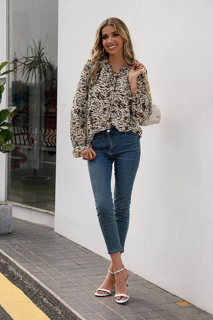 Ivy Lane Printed Tie Neck Frill Trim Flounce Sleeve Blouse Trendsi becd5b5e94e94a61ac2e02426e90a4f9-Max