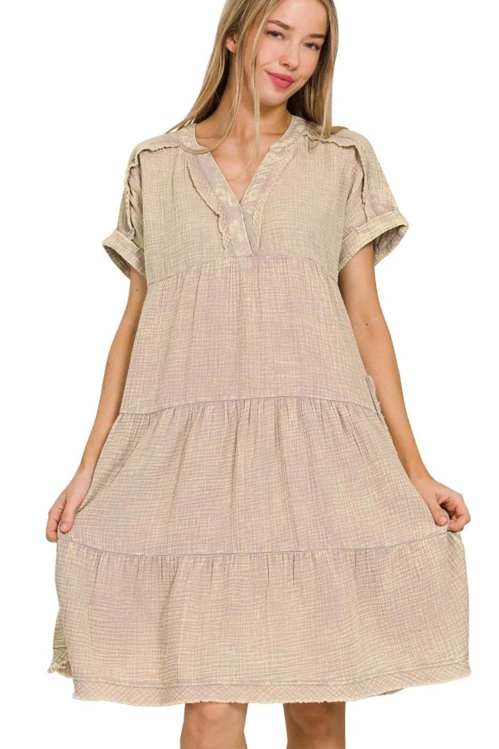 Zenana Washed Double Gauze Raw Edge Notched Dress ASH MOCHA Trendsi bee4d907-9a2a-4a72-bd13-118b333d6cf0-Max-Origin