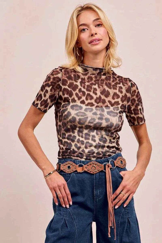 BiBi High Neck Leopard Mesh Short Sleeves Top LEOPARD Trendsi bef023ce7a8a442590d082bb5626ed54-Max-Origin
