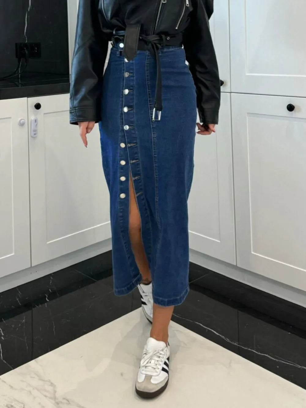 Front Button Slit Midi Denim Skirt Trendsi bf17b83b-f936-4970-8aac-77f055f029c8-Max