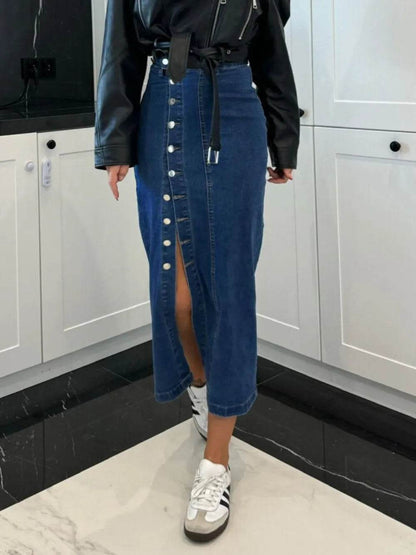 Front Button Slit Midi Denim Skirt Trendsi bf17b83b-f936-4970-8aac-77f055f029c8-Max