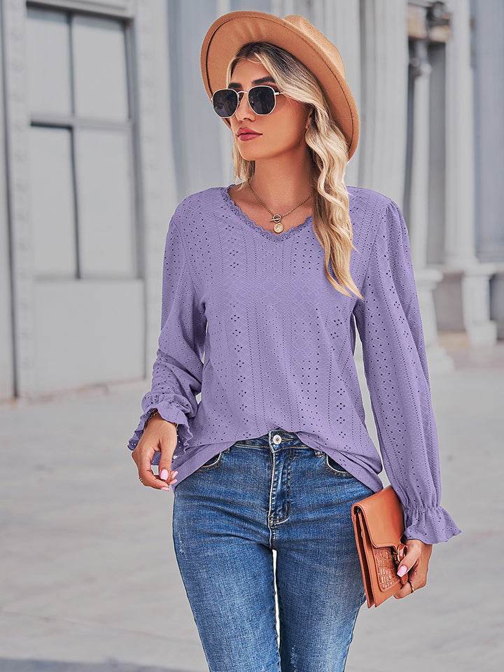 Eyelet V-Neck Flounce Sleeve Blouse Trendsi bf2ff436c4d94875a1bd89d663e32891-Max