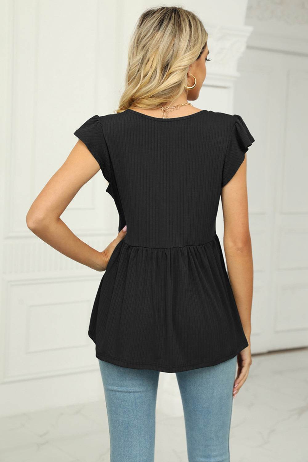 V-Neck Flutter Sleeve Babydoll Blouse Trendsi bf4eef63d338431b8d15b1dda3dbf5a9-Max