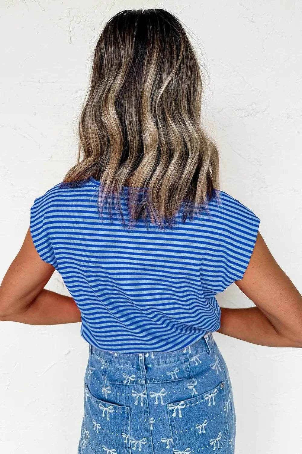 Striped Round Neck Cap Sleeve T-Shirt Trendsi bf534eef-9f20-4362-99c8-9a0f46d4f271-Max-Origin