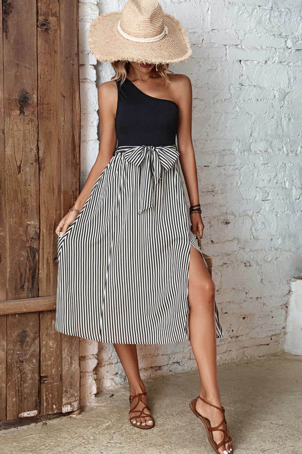 Perfee Striped One-Shoulder Slit Dress Trendsi bf59218cf72c43a5be93cd499cb9dbc0-Max