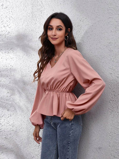 V-Neck Balloon Sleeve Peplum Blouse Trendsi bfbff901961345b89caa29e891d010b3-Max