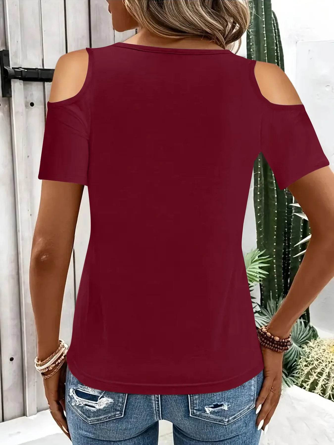 Cold Shoulder T-Shirt with Metal Ring Detail Trendsi bfce845292dd459db2a6c648a28110dd-Max-Origin