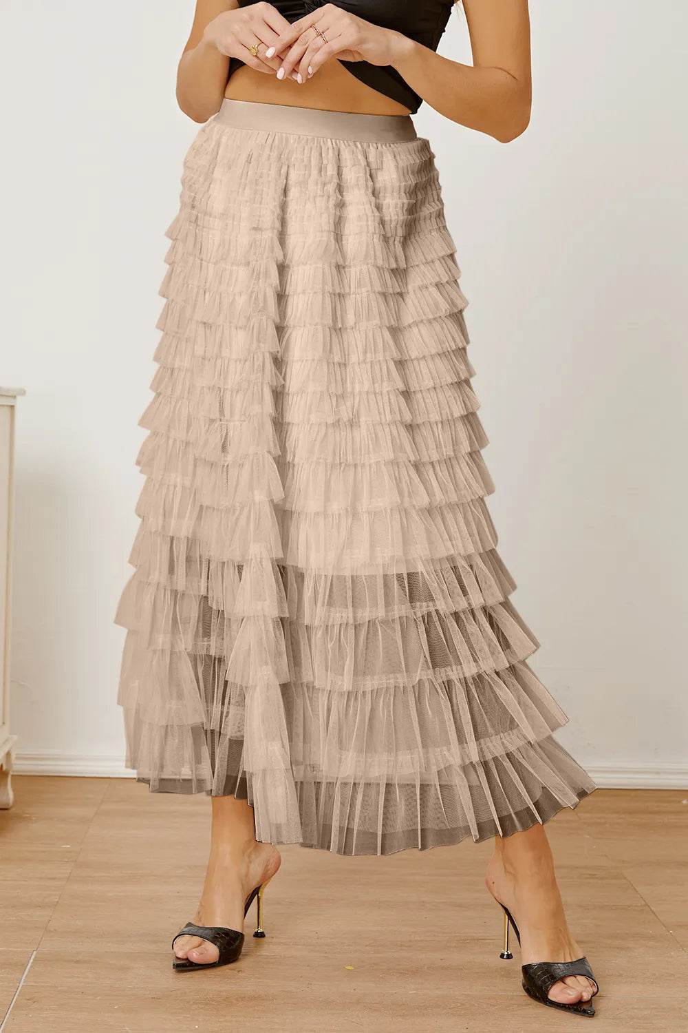 Ruched High Waist Tiered Skirt Khaki Trendsi bfe46e10-9bb7-4b76-8ec2-8ab0fbf8964e-Max