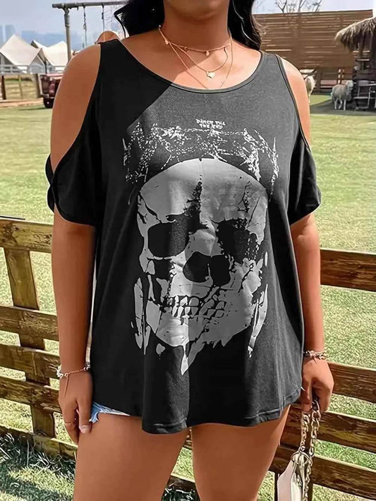 Plus Size Skeleton Graphic Round Neck Cold Shoulder T-Shirt Black Trendsi bffd342f-081e-4f74-9d59-39f0f0cb2e47-Max