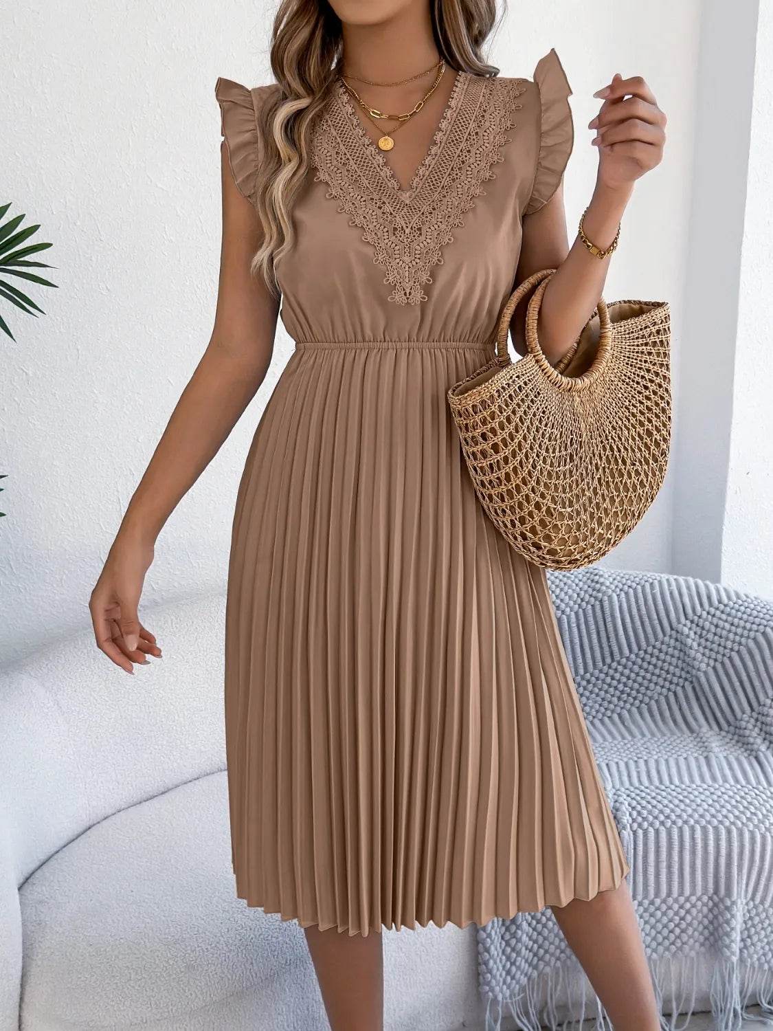 Lace Detail Ruffled Cap Sleeve Pleated Dress Camel Trendsi c043d0f9-cb95-47cc-a628-2d412749e606-Max-Origin