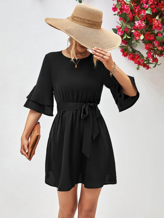 Round Neck Tie Belt Flounce Sleeve Dress Black Trendsi c05be9172380445c818ebf9c9b1c0749-Max