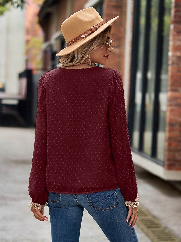 Swiss Dot V-Neck Long Sleeve Blouse Trendsi c088333faa94419b82c8dc6b082b38ab-Max