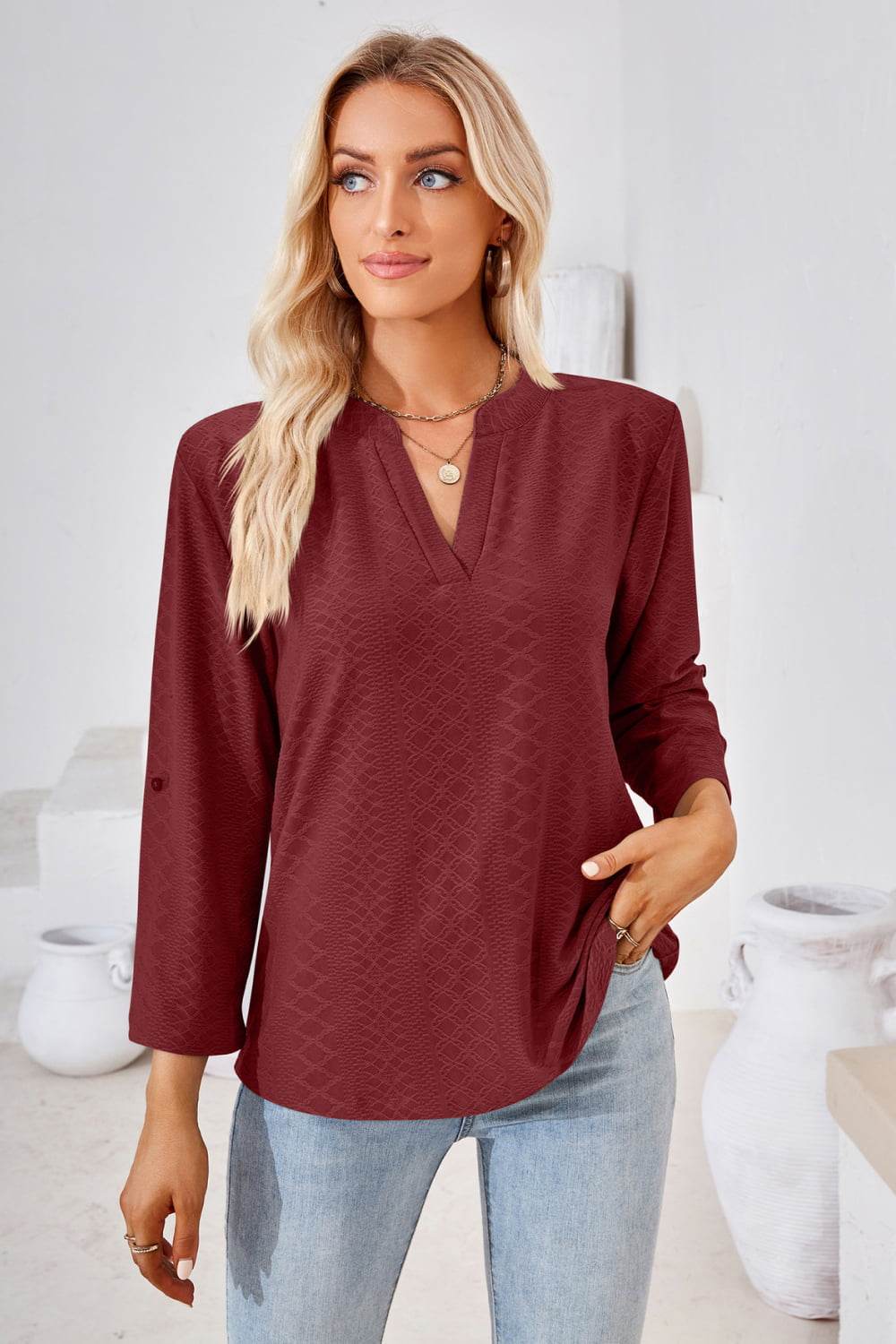 V-Neck Roll-Tap Sleeve Blouse Burgundy Trendsi c0b0c33ca6b149e48e7d868508fe9f06-Max
