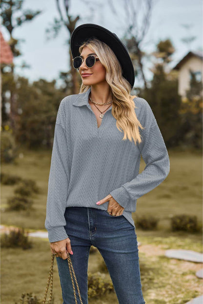 Collared Neck Cable-Knit Long Sleeve Blouse Trendsi c0be32d3b1e64a72a11da34682b7f1ca-Max