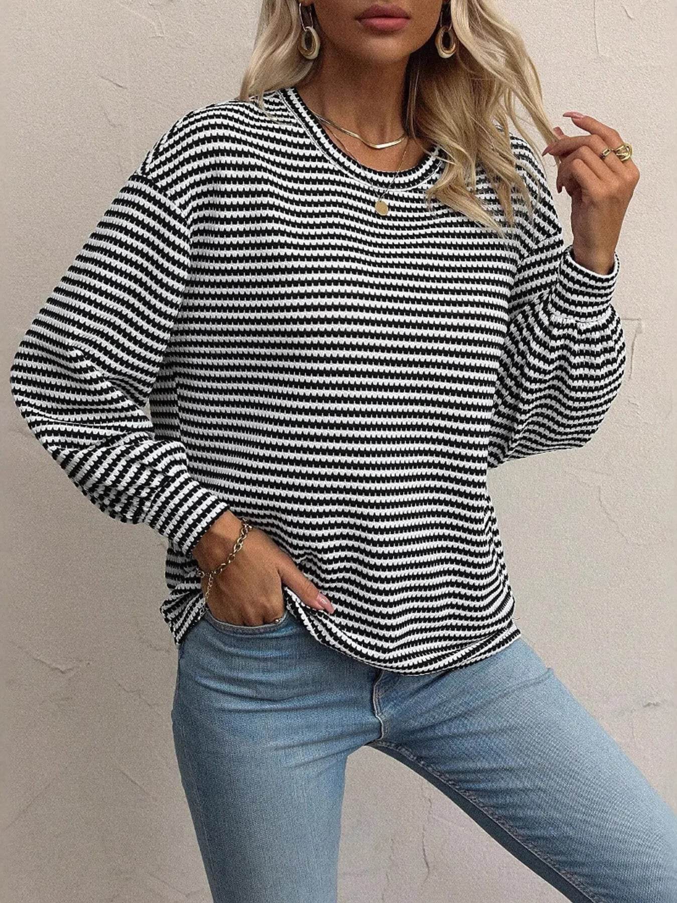 Striped Round Neck Lantern Sleeve Top Trendsi c0cccdda122644909f63f244fe0e2356-Max-Origin