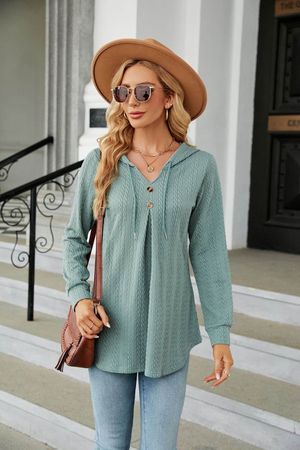 Long Sleeve Hooded Blouse Sage Trendsi c0e1e2a323c24a628085d0d8d90ac80b-Max