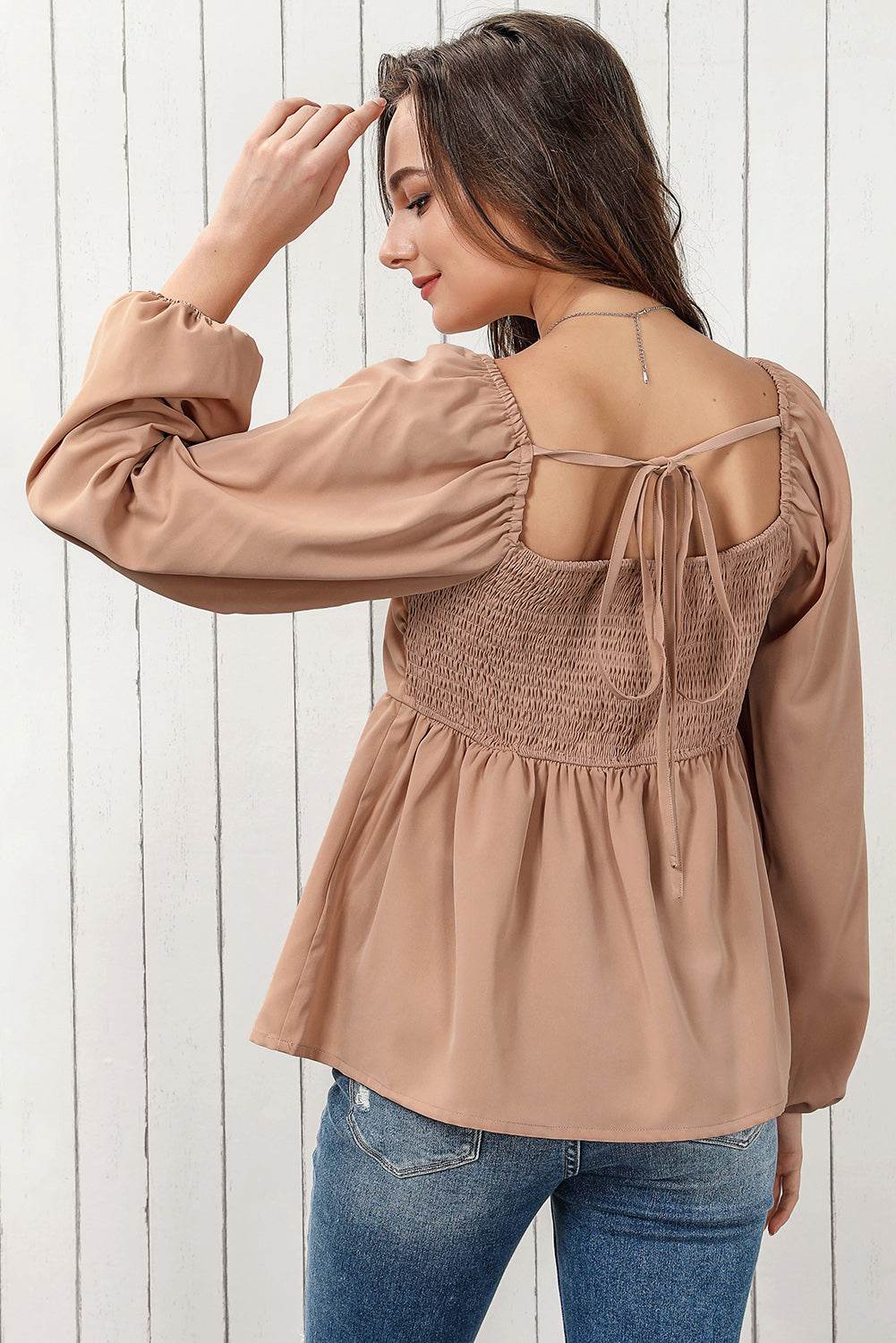 Tie Back Smocked Long Sleeve Babydoll Blouse Trendsi c0f109741a31407fb3633bcab4bfbdfa-Max