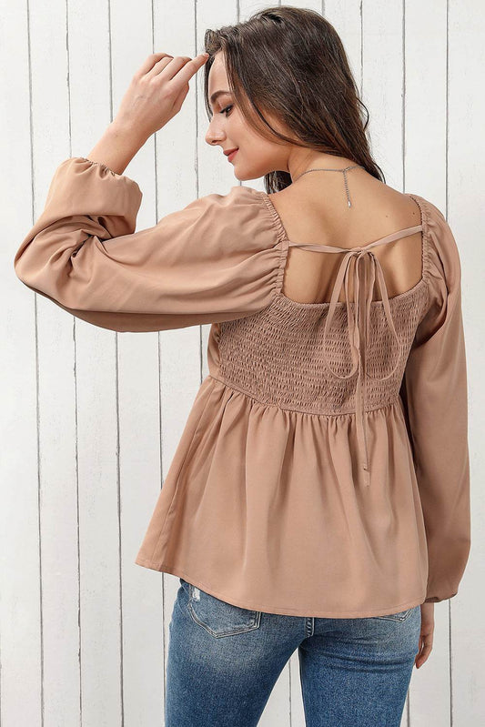 Tie Back Smocked Long Sleeve Babydoll Blouse Trendsi c0f109741a31407fb3633bcab4bfbdfa-Max