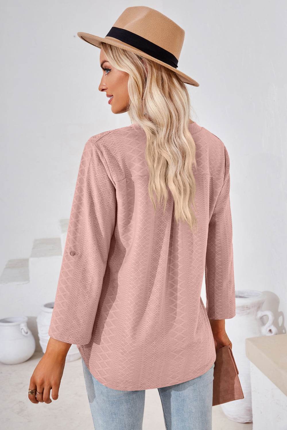 V-Neck Roll-Tap Sleeve Blouse Trendsi c0f317ada29e44aa8cd161d22b36f679-Max