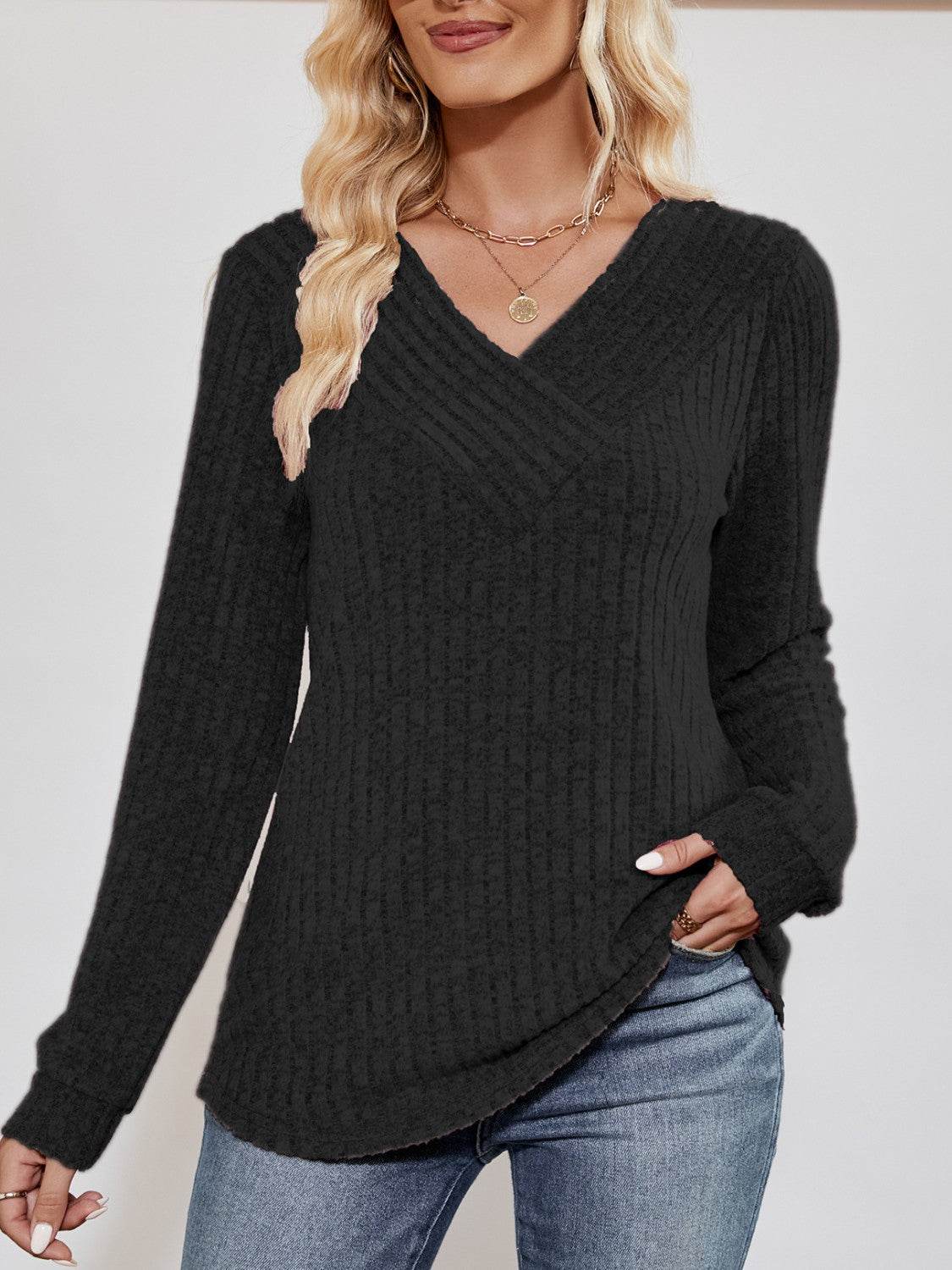 V-Neck Ribbed Long Sleeve Top Trendsi c10382a7ce2d4b18ac5b0ee85ec08a1c-Max