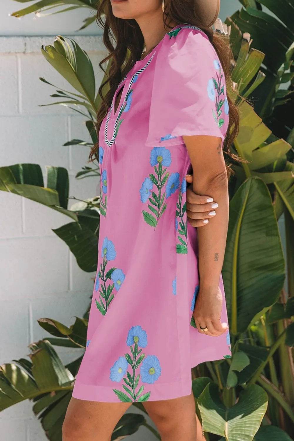 Floral Notched Summer Mini Dress with Striped Trim Trendsi c104744a-6827-4810-b337-8a340e3efd01-Max-Origin