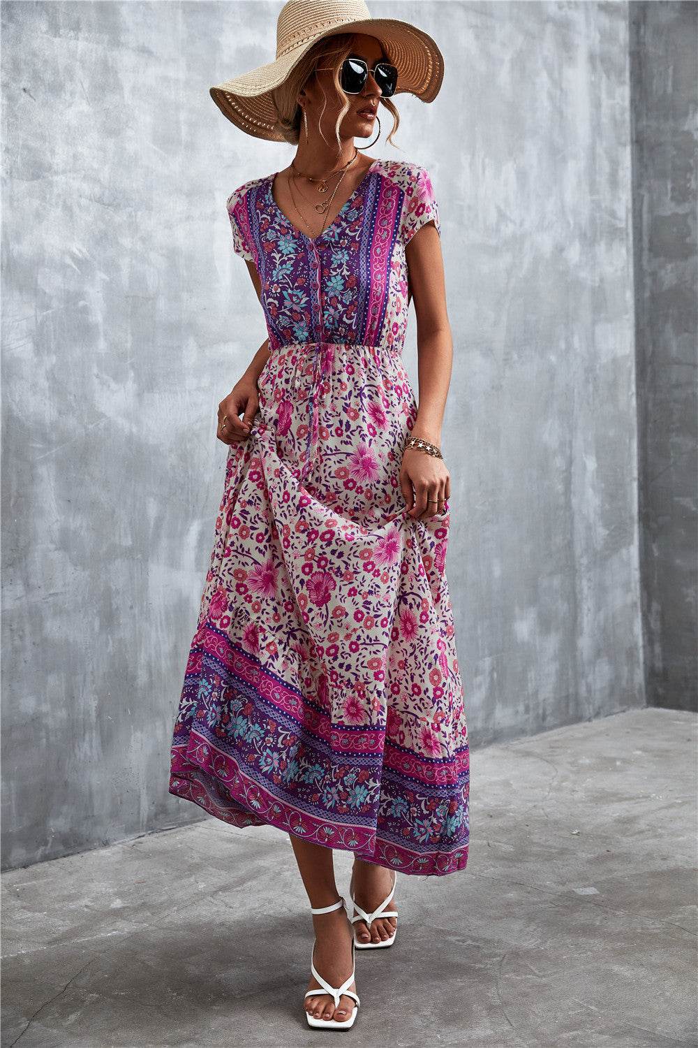 V-Neck Short Sleeve Printed Maxi Dress Trendsi c10cd6f8af8443988d38f257023bb456-Max