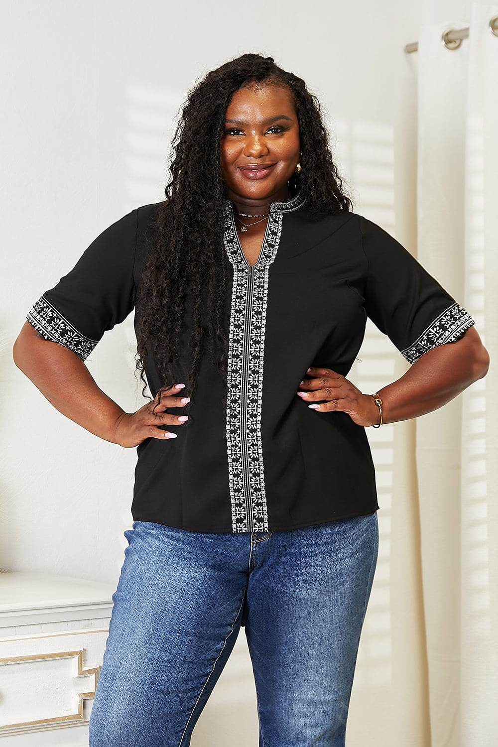 Double Take Embroidered Notched Neck Top Trendsi c12266fafab04329936dd615a5e68e47-Max