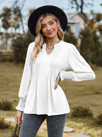 Notched Neck Flounce Sleeve Blouse Trendsi c15b6983f8c644adaf3e0f070e37b950-Max