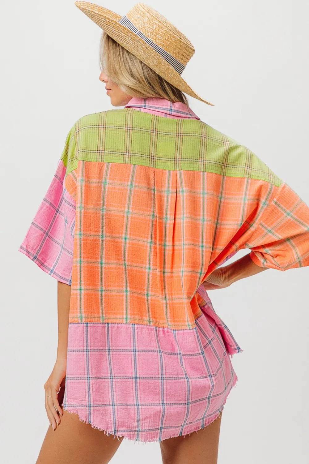 BiBi Plaid Collared Neck Half Sleeve Shirt Trendsi c164b21b-4d3e-4bb9-b140-bb7e403e2a28-Max