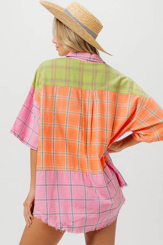 BiBi Plaid Collared Neck Half Sleeve Shirt Trendsi c164b21b-4d3e-4bb9-b140-bb7e403e2a28-Max