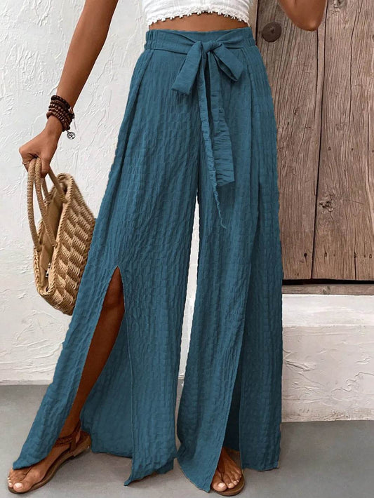Honey Tied Slit Wide Leg Pants French Blue Trendsi c1796362-7992-4fe3-aba4-045608773015-Max