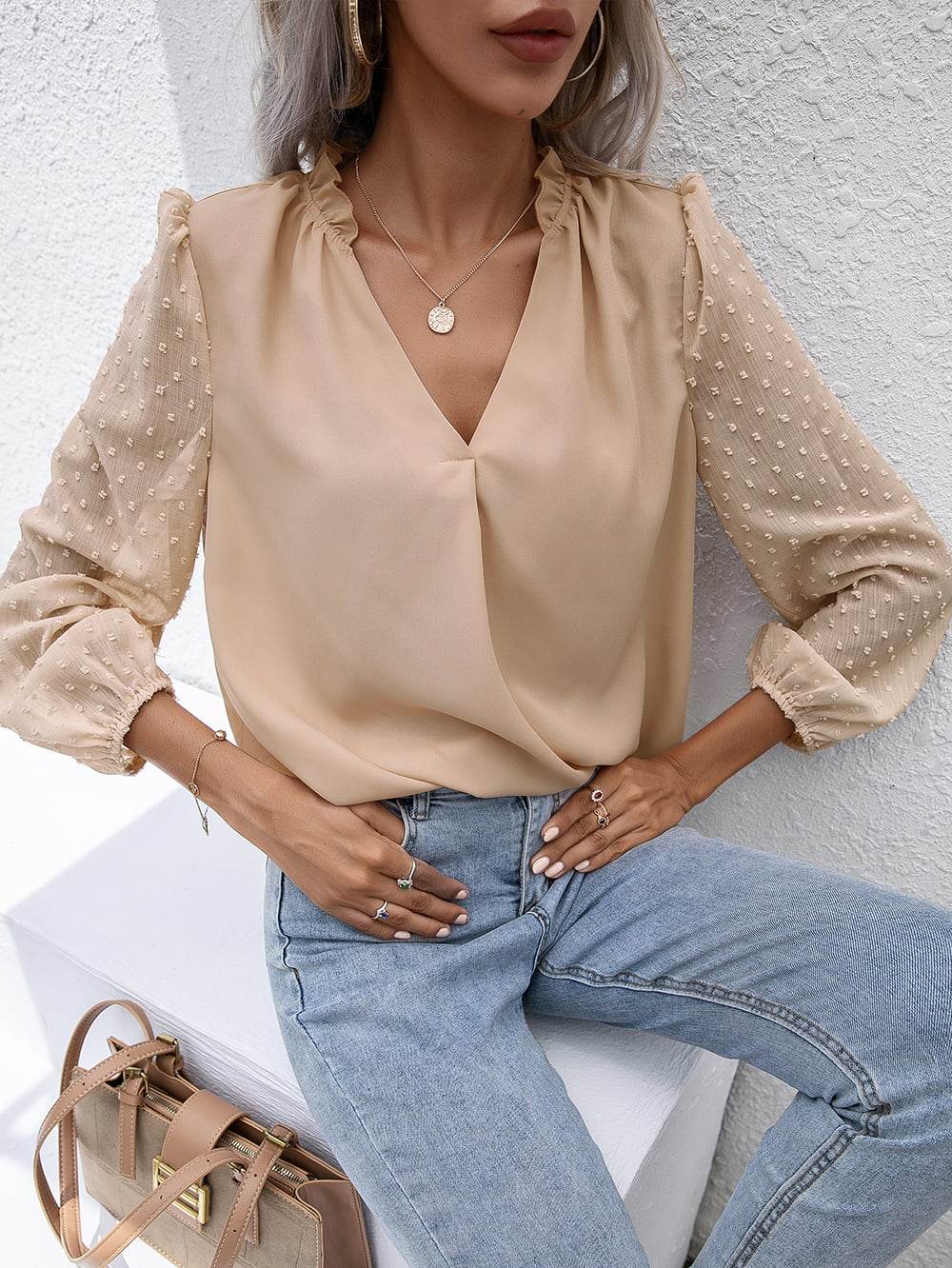 Ivy Lane Swiss Dot Frill Trim Puff Sleeve Blouse Trendsi c1816cc2e41c411189a9a59ad8cbfeb1-Max