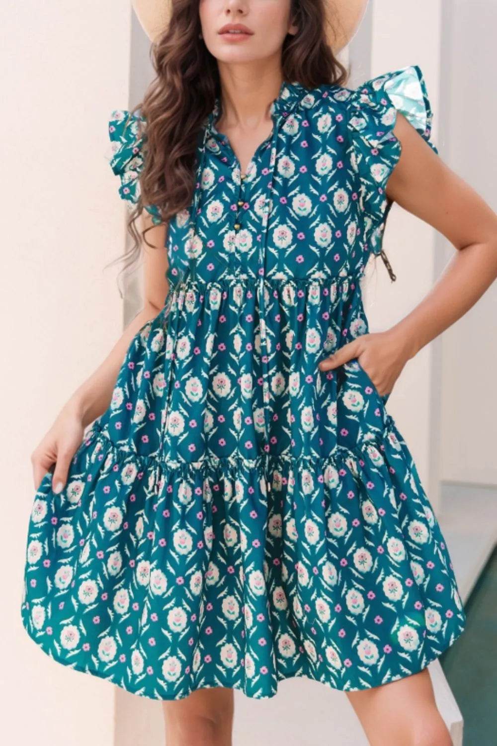 Printed Tie Neck Ruffled Cap Sleeve Dress Trendsi c19a3985-ea11-402d-8e59-576a12201610-Max-Origin