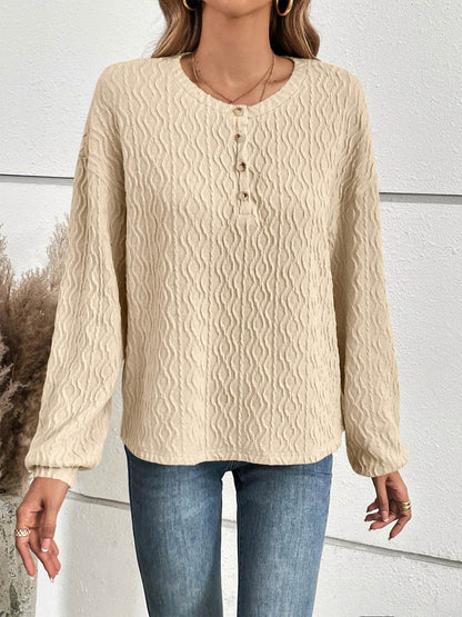 Ivy Lane Half Button Long Sleeve Top Ivory Trendsi c1abdd78fe0143f2b08b02524d925b1c-Max