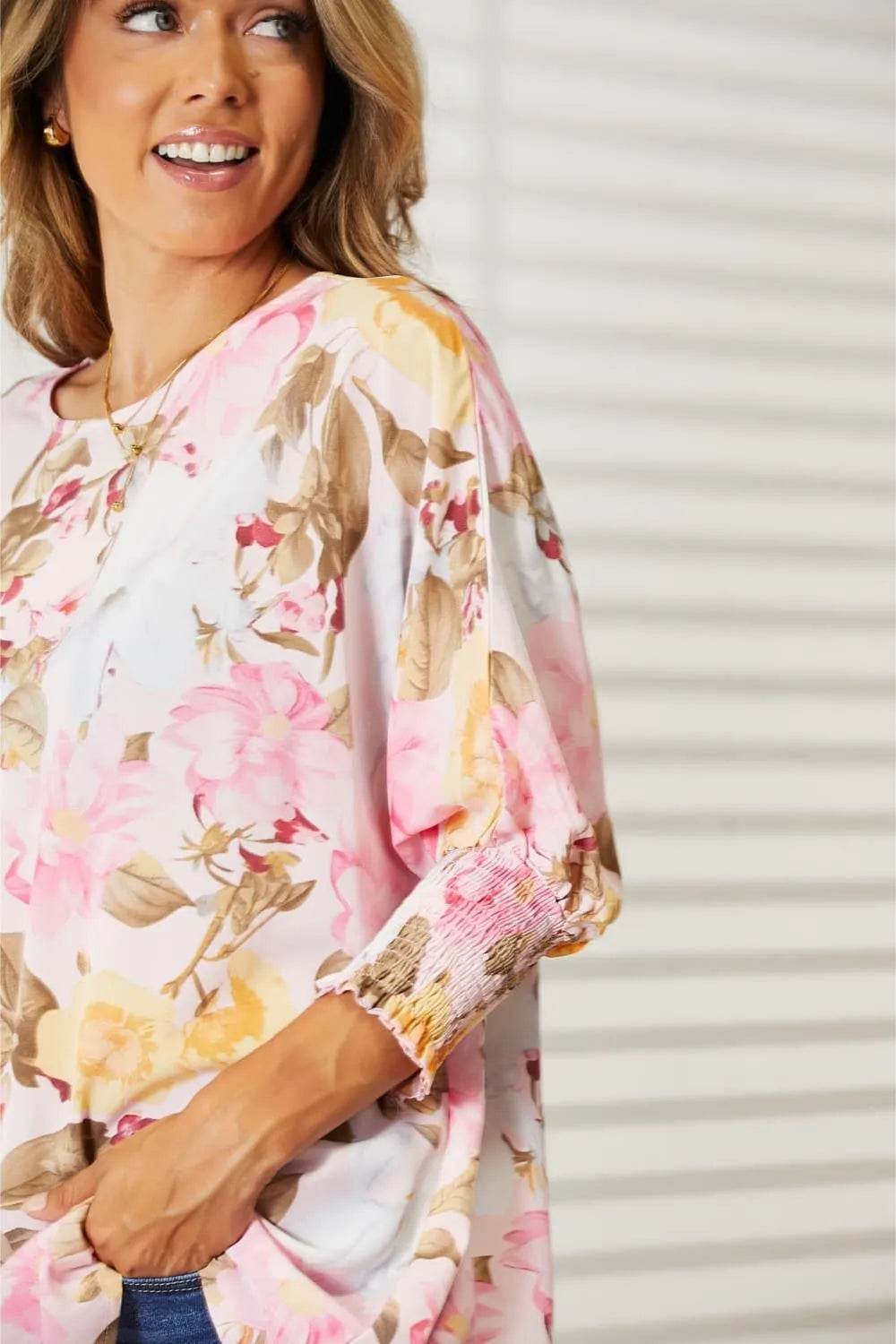 Double Take Floral Round Neck Three-Quarter Sleeve Top Trendsi c1afcf37-6aff-4860-aee6-430abc91d291-Max