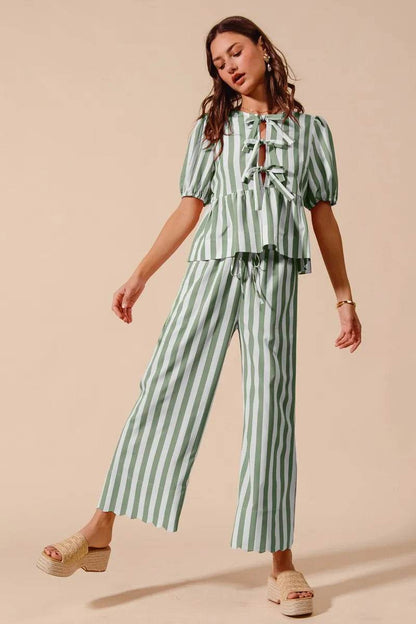 SO ME Front Tie Stripe Puff Sleeves Top and Wide Leg Pants Set SAGE Trendsi c1b9084e04444ad1a70c7b35a91ca68b-Max-Origin