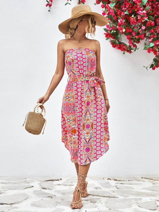 Printed Strapless Tie Belt Dress Hot Pink Trendsi c1eaea6098d346c1a6c7c4e86b5da9d8-Max