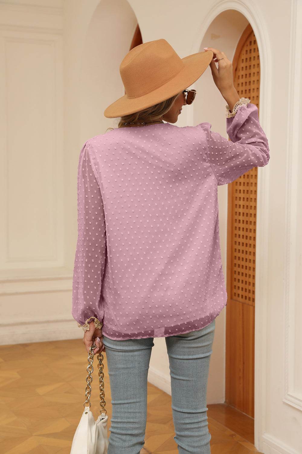 Swiss Dot Contrast V-Neck Blouse Trendsi c20d7fb1fa4f4674b08511786f087ee2-Max