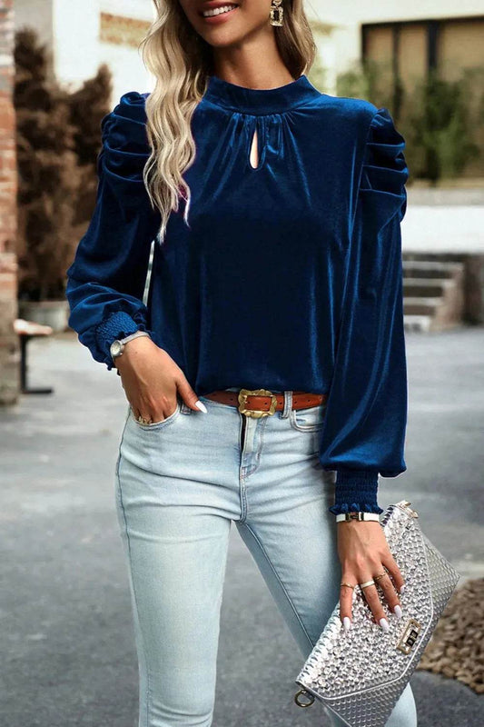 Tie Up Mock Neck Velvet Fabric Long Sleeve Blouse Trendsi c21b2208-00aa-46ac-9d23-0e2d3c9924ec-Max