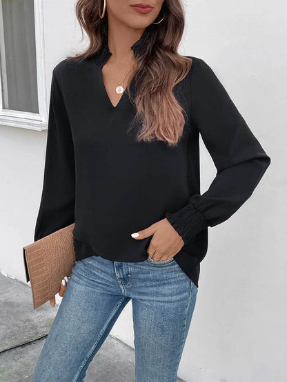 Perfee Smocked Notched Long Sleeve Blouse Trendsi c239e7b97b7c4ed99d574c907b1c9251-Max