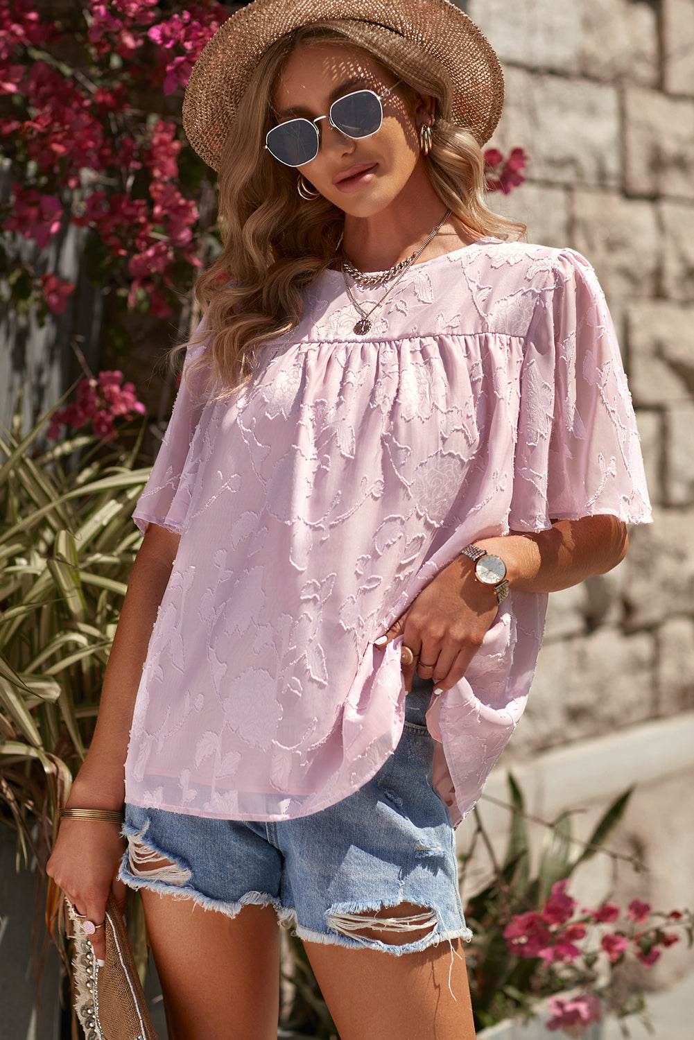 Round Neck Puff Sleeve Blouse Purple Trendsi c24bb897426d411aadf4f78a26a9a9ac-Max