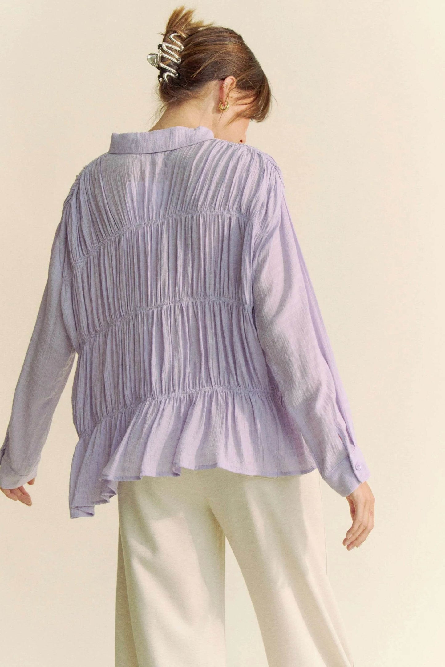 Davi & Dani Ruched All Over Button Front Shirt Trendsi c257f86207ff44089e7269f0bd01b22f-Max-Origin