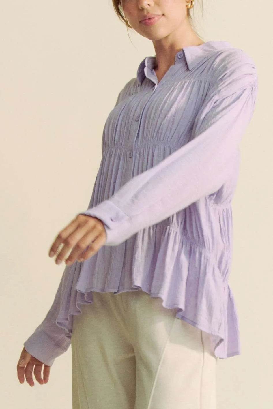 Davi & Dani Ruched All Over Button Front Shirt Trendsi c273c5189e1c41a489ee6655d8e6956e-Max-Origin